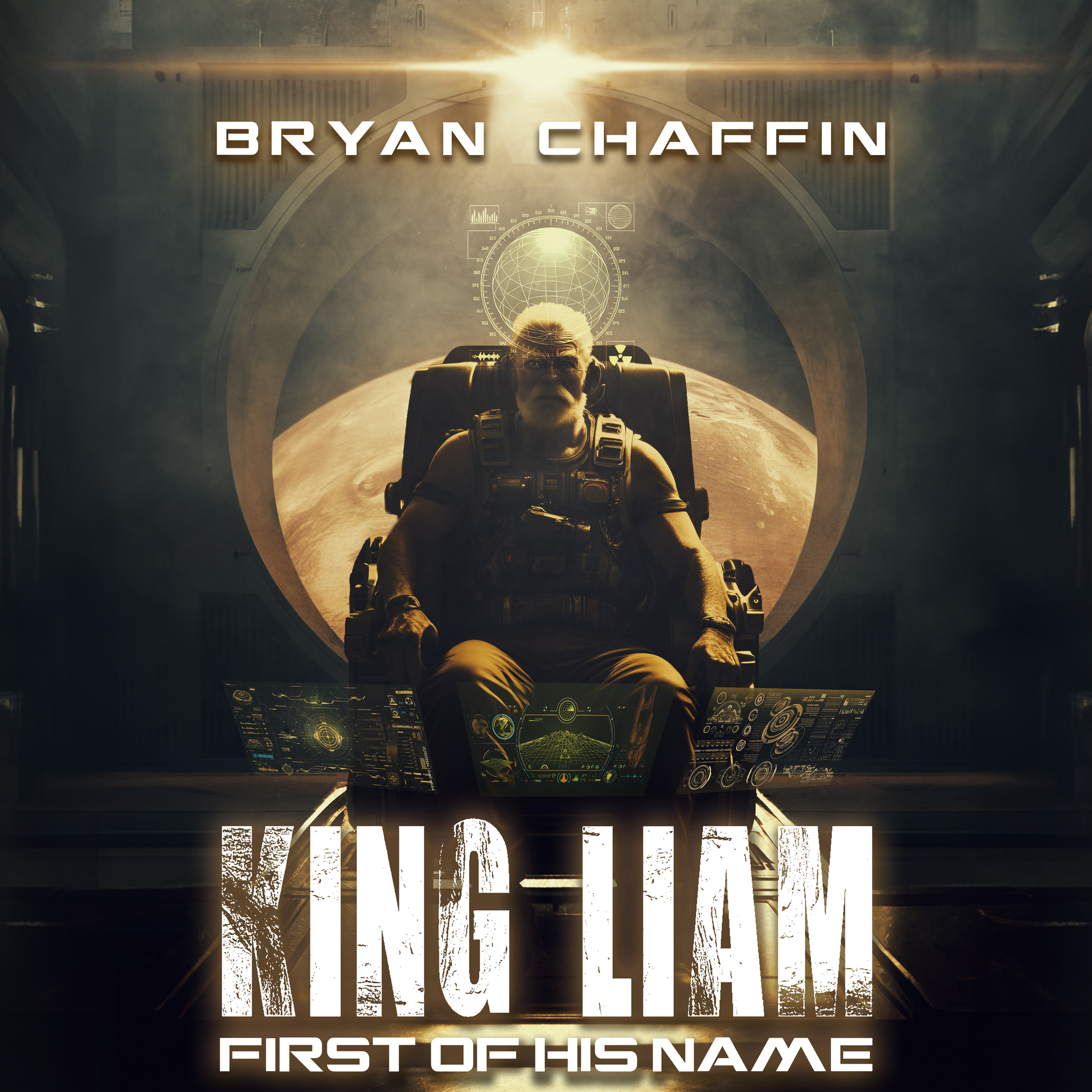 The cover of the audiobook for King Liam, featuring a grizzled and slightly crazy looking belter pilot with control surfaces in front of him