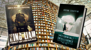 King Liam, First of His Name and Accidental Intelligence in front of a photograph of the Starfield Library in Seoul, South Korea