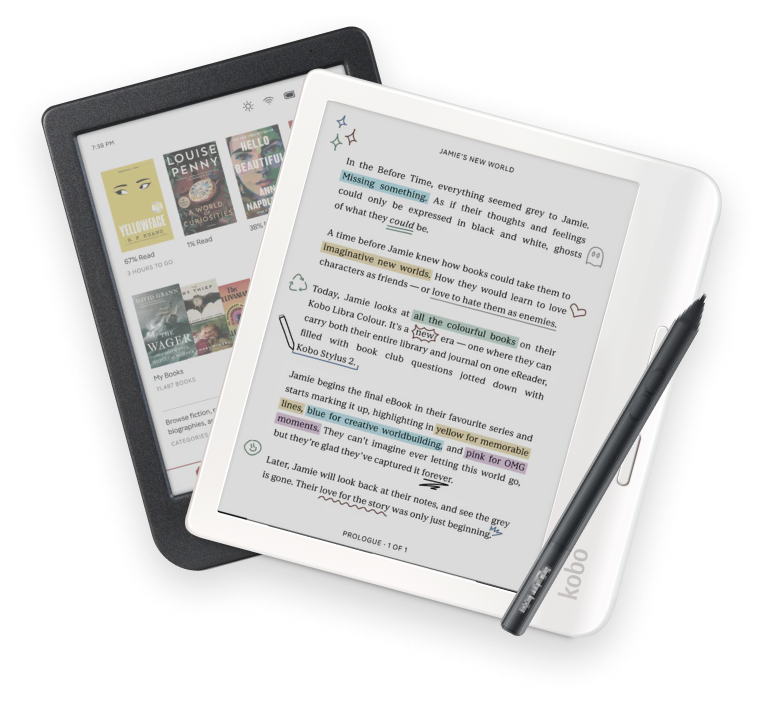 Kobo ereaders allow highlighting in different colors.