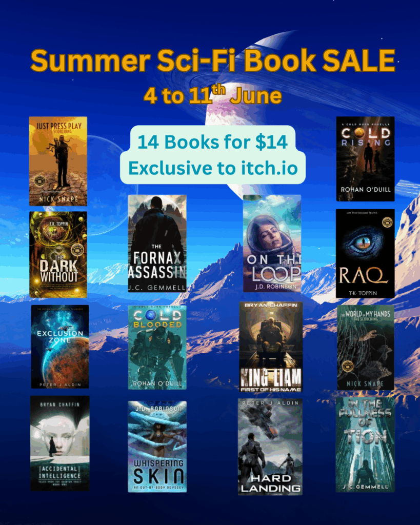 An image showing the 14 titles in the SummerSciFi Book Sale in front of a planetary view with multiple moons.