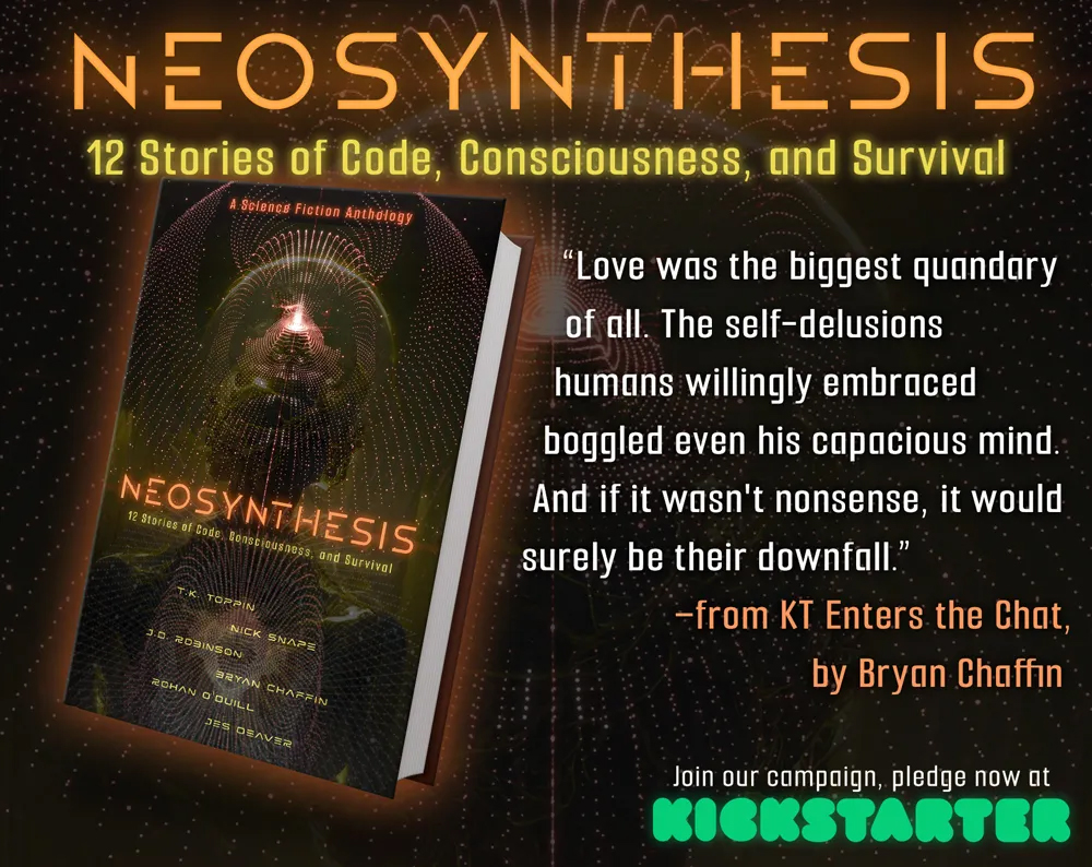 Pull quote from KT Enters the Chat: "Love was the biggest quandary of all. The self-delusions humans willingly embraced boggled even his capacious mind. And if it wasn't nonsense, it would surely be their downfall."