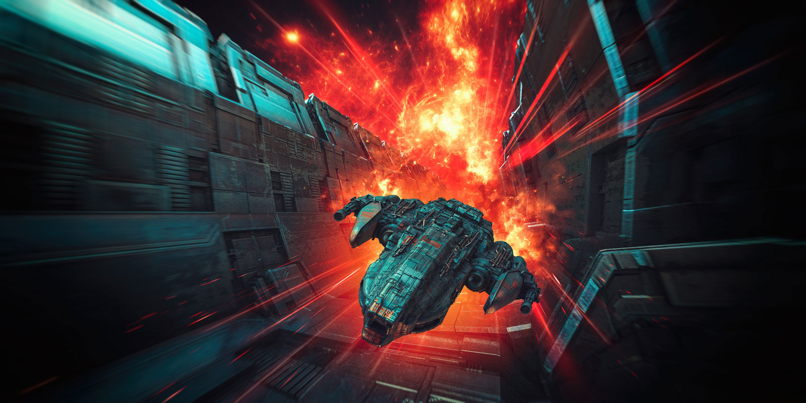 An image showing a spaceship an explosion behind it.
